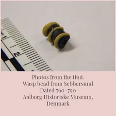 Museam photo of the find showing the barrel like bead with raised yellow lines