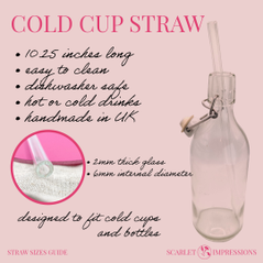 size guide for a handmade glass cold cup straw includes a visual of the ideal glass they are made to fit, product info and a close up of the straw end