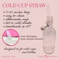 size guide for a handmade glass cold cup straw includes a visual of the ideal glass they are made to fit, product info and a close up of the straw end