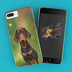 Choc Tan Dachshund phone case on a green mottled background with tiny stars and a full moon