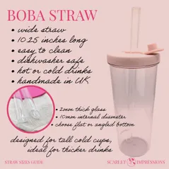 size guide for a handmade glass boba straw includes a visual of the ideal glass they are made to fit, product info and a close up of the straw end