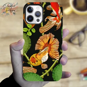 High gloss tough phone case depicting Red & White Oranda Goldfish swimming among waterlilies