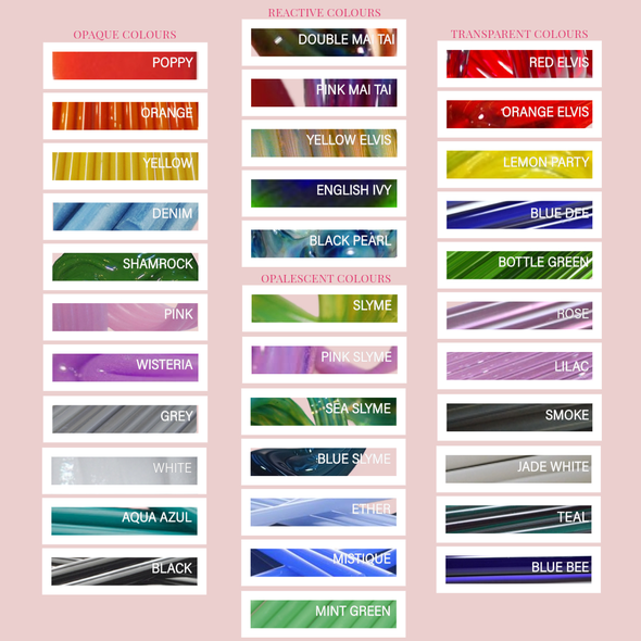 A colour chart showing 34 different colour options that you can choose from. the colours are the ones listed in the prduct options
