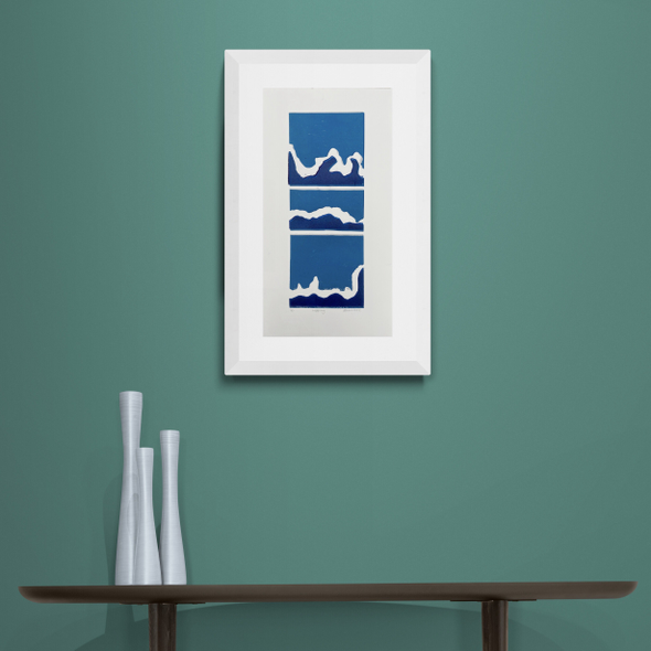 Blue White and Teal Waves Print in Framed in White on a Blue Wall Above Dark Shelf and Vase Set