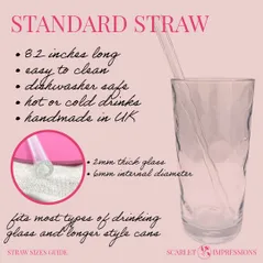 size guide for a handmade glass straw includes a visual of the ideal glass they are made to fit, product info and a close up of the straw end