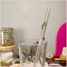 Handmade glass straw with a leaf design