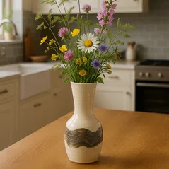 Handmade stoneware vase with British wildflowers on an oak table in a cozy country home kitchen.