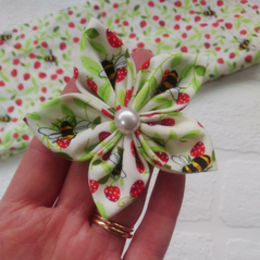 Handmade flower in bees & strawberry fabric
