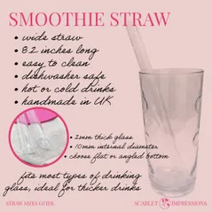 size guide for a handmade glass smoothie straw includes a visual of the ideal glass they are made to fit, product info and a close up of the straw end