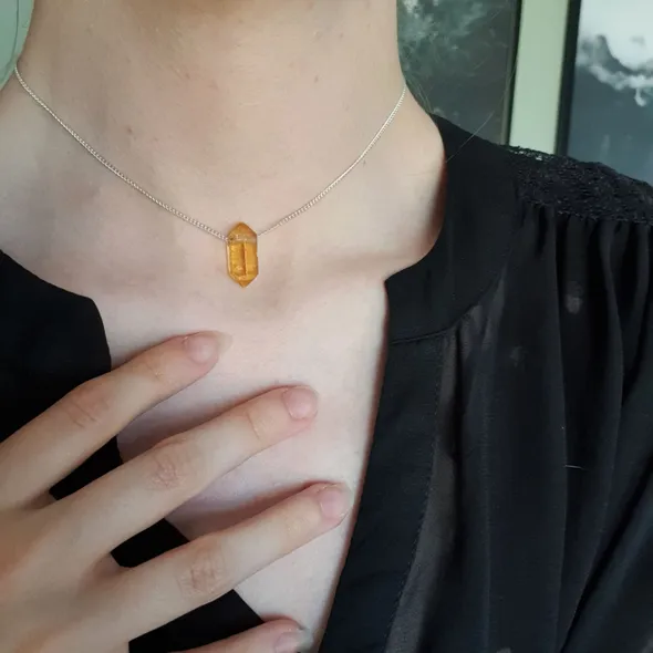 chunky yellow citrine polished crystal point on a dainty silver chain choker