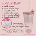 size guide for a handmade glass boba straw includes a visual of the ideal glass they are made to fit, product info and a close up of the straw end