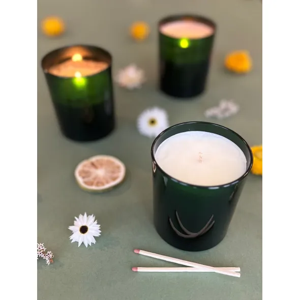 Lemongrass At Sunrise Essential Oil Blend Emerald Glass Candle Gift Box With Dried Flowers