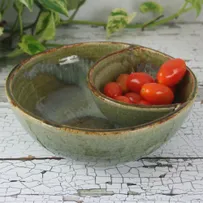 Personalised handmade ceramic chip and dip bowl with salsa and chips, artisan pottery gift.