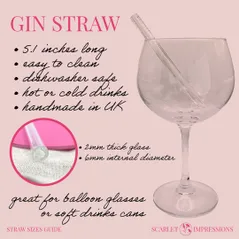 size guide for a handmade glass gin straw includes a visual of the ideal glass they are made to fit, product info and a close up of the straw end