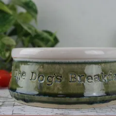 Personalised pottery dog bowl, UK handmade, rustic style with embossed text