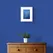 Bronze Peacock Feather on Navy Textured Paper Framed in White on a Blue Wall Above a Wooden Drawer Unit